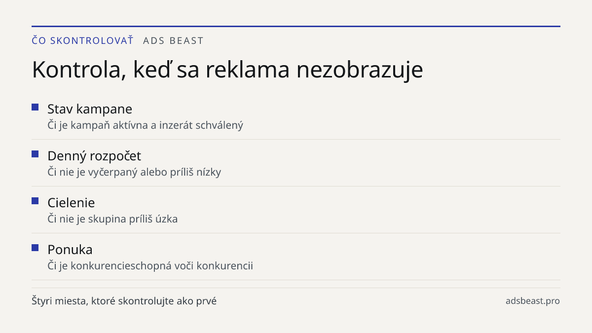 Kontrola, keď sa reklama nezobrazuje. Stav kampane: Či je kampaň aktívna a inzerát schválený; Denný rozpočet: Či nie je vyčerpaný alebo príliš nízky; Cielenie: Či nie je skupina príliš úzka; Ponuka: Či je konkurencieschopná voči konkurencii