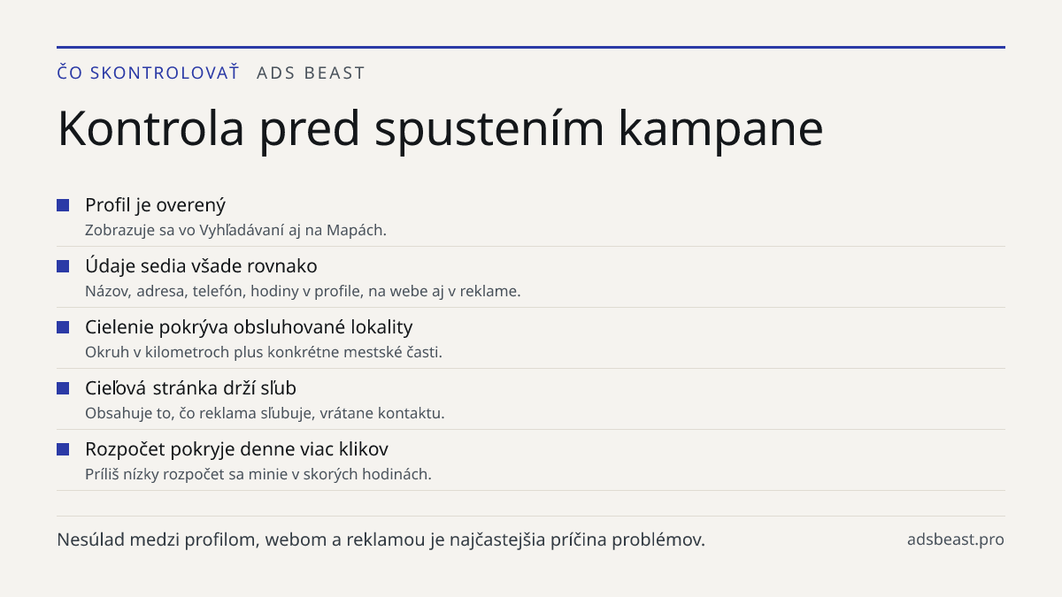Kontrola pred spustením kampane. Profil je overený: Zobrazuje sa vo Vyhľadávaní aj na Mapách.; Údaje sedia všade rovnako: Názov, adresa, telefón, hodiny v profile, na webe aj v reklame.; Cielenie pokrýva obsluhované lokality: Okruh v kilometroch plus konkrétne mestské časti.; Cieľová stránka drží sľ