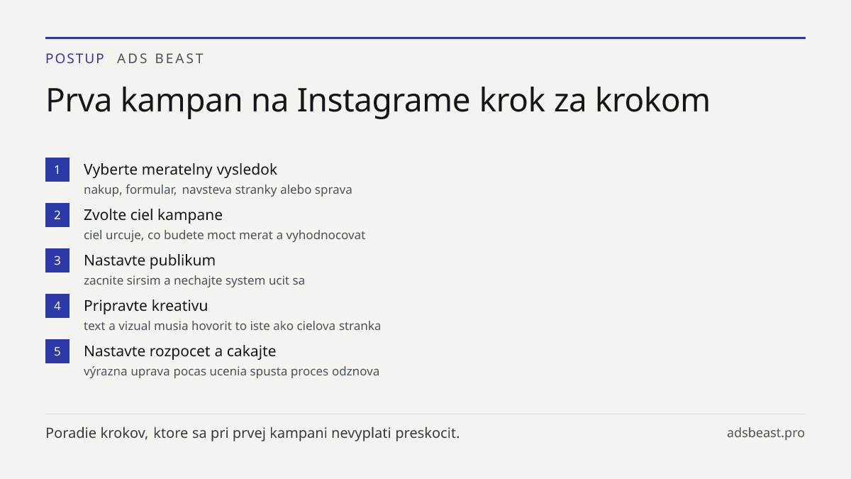Prva kampan na Instagrame krok za krokom. Vyberte meratelny vysledok: nakup, formular, navsteva stranky alebo sprava; Zvolte ciel kampane: ciel urcuje, co budete moct merat a vyhodnocovat; Nastavte publikum: zacnite sirsim a nechajte system ucit sa; Pripravte kreativu: text a vizual musia hovorit to