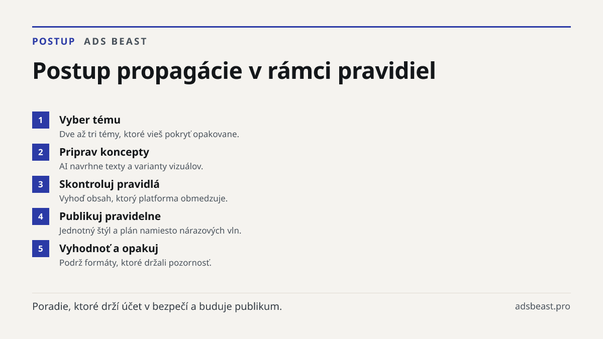 Postup propagácie v rámci pravidiel. Vyber tému: Dve až tri témy, ktoré vieš pokryť opakovane.; Priprav koncepty: AI navrhne texty a varianty vizuálov.; Skontroluj pravidlá: Vyhoď obsah, ktorý platforma obmedzuje.; Publikuj pravidelne: Jednotný štýl a plán namiesto nárazových vln.; Vyhodnoť a opakuj