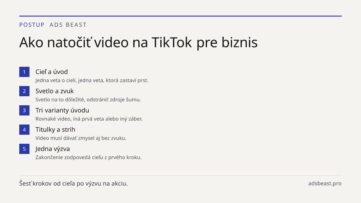 Ako natočiť video na TikTok pre biznis. Cieľ a úvod: Jedna veta o cieli, jedna veta, ktorá zastaví prst.; Svetlo a zvuk: Svetlo na to dôležité, odstrániť zdroje šumu.; Tri varianty úvodu: Rovnaké video, iná prvá veta alebo iný záber.; Titulky a strih: Video musí dávať zmysel aj bez zvuku.; Jedna výz