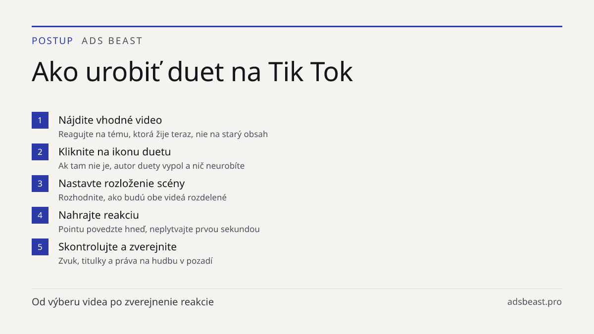 Ako urobiť duet na Tik Tok. Nájdite vhodné video: Reagujte na tému, ktorá žije teraz, nie na starý obsah; Kliknite na ikonu duetu: Ak tam nie je, autor duety vypol a nič neurobíte; Nastavte rozloženie scény: Rozhodnite, ako budú obe videá rozdelené; Nahrajte reakciu: Pointu povedzte hneď, neplytvajt