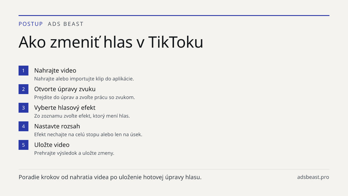 Ako zmeniť hlas v TikToku. Nahrajte video: Nahrajte alebo importujte klip do aplikácie.; Otvorte úpravy zvuku: Prejdite do úprav a zvoľte prácu so zvukom.; Vyberte hlasový efekt: Zo zoznamu zvoľte efekt, ktorý mení hlas.; Nastavte rozsah: Efekt nechajte na celú stopu alebo len na úsek.; Uložte video