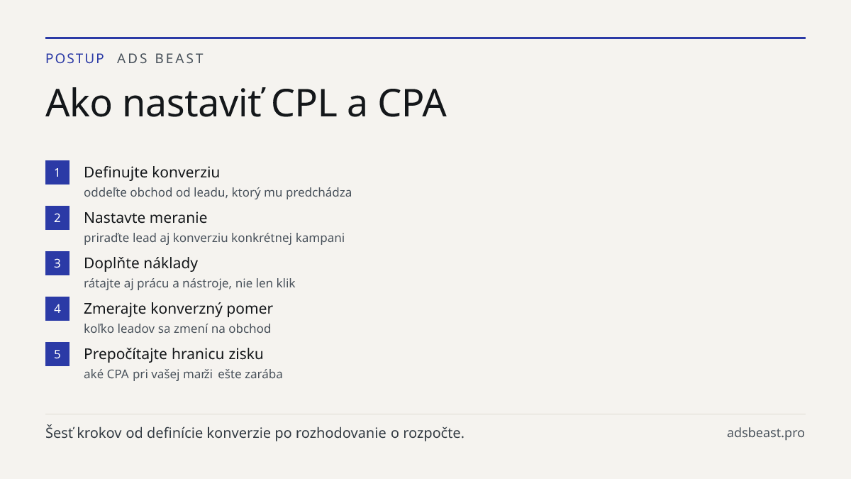 Ako nastaviť CPL a CPA. Definujte konverziu: oddeľte obchod od leadu, ktorý mu predchádza; Nastavte meranie: priraďte lead aj konverziu konkrétnej kampani; Doplňte náklady: rátajte aj prácu a nástroje, nie len klik; Zmerajte konverzný pomer: koľko leadov sa zmení na obchod; Prepočítajte hranicu zisk