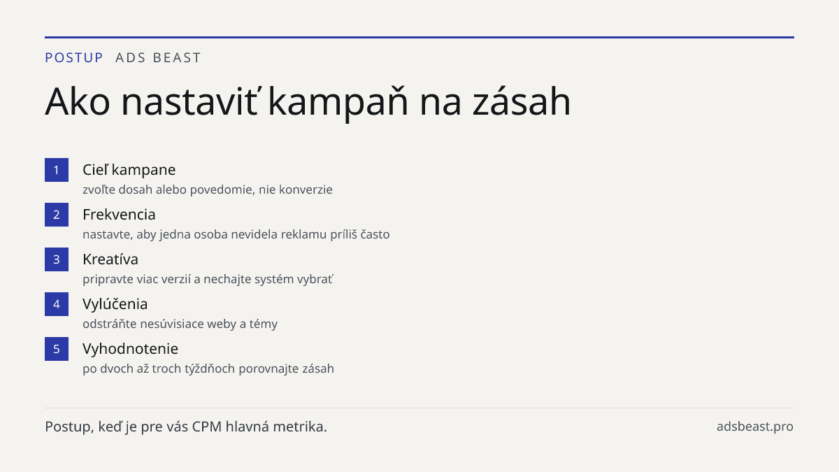 Ako nastaviť kampaň na zásah. Cieľ kampane: zvoľte dosah alebo povedomie, nie konverzie; Frekvencia: nastavte, aby jedna osoba nevidela reklamu príliš často; Kreatíva: pripravte viac verzií a nechajte systém vybrať; Vylúčenia: odstráňte nesúvisiace weby a témy; Vyhodnotenie: po dvoch až troch týždňo