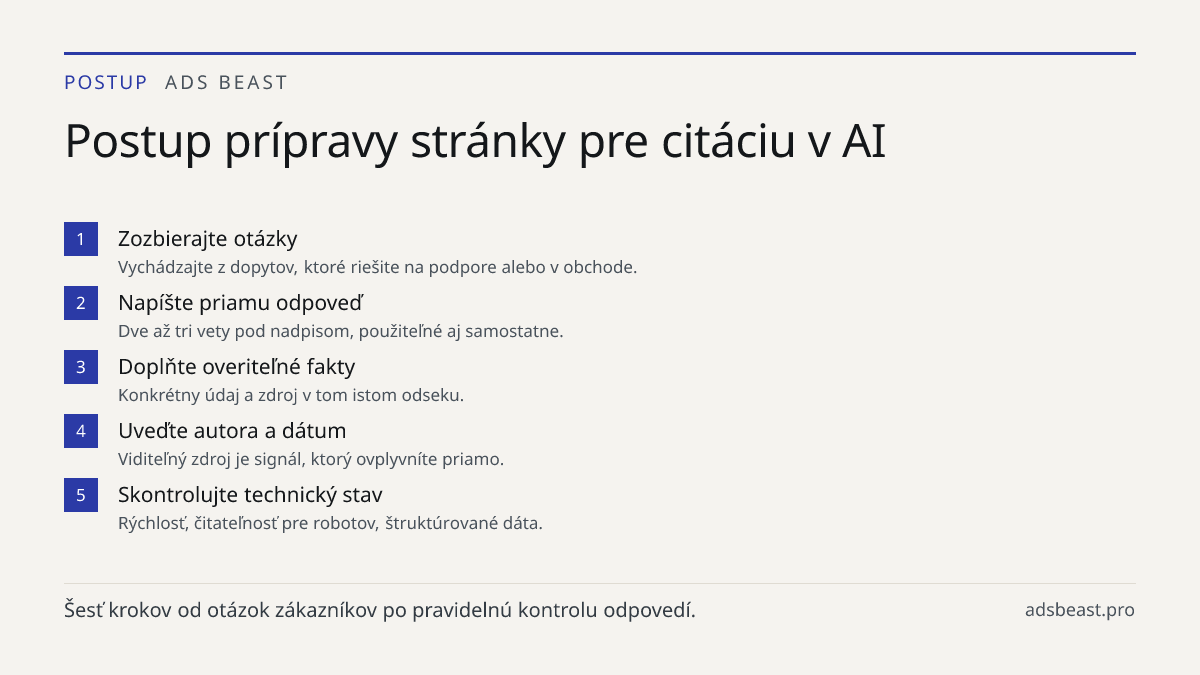 Postup prípravy stránky pre citáciu v AI. Zozbierajte otázky: Vychádzajte z dopytov, ktoré riešite na podpore alebo v obchode.; Napíšte priamu odpoveď: Dve až tri vety pod nadpisom, použiteľné aj samostatne.; Doplňte overiteľné fakty: Konkrétny údaj a zdroj v tom istom odseku.; Uveďte autora a dátum