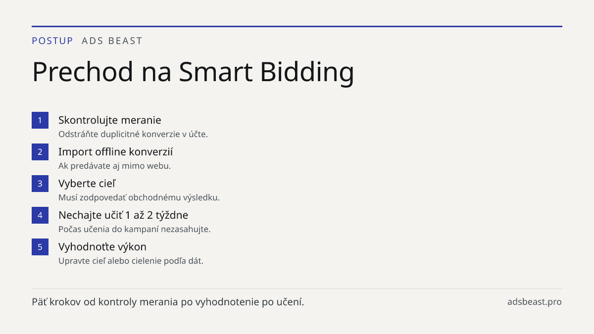 Prechod na Smart Bidding. Skontrolujte meranie: Odstráňte duplicitné konverzie v účte.; Import offline konverzií: Ak predávate aj mimo webu.; Vyberte cieľ: Musí zodpovedať obchodnému výsledku.; Nechajte učiť 1 až 2 týždne: Počas učenia do kampaní nezasahujte.; Vyhodnoťte výkon: Upravte cieľ alebo ci