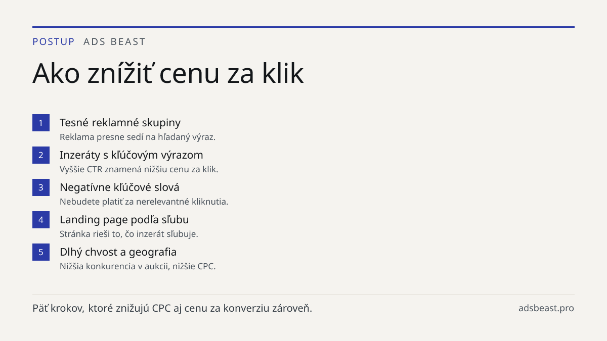 Ako znížiť cenu za klik. Tesné reklamné skupiny: Reklama presne sedí na hľadaný výraz.; Inzeráty s kľúčovým výrazom: Vyššie CTR znamená nižšiu cenu za klik.; Negatívne kľúčové slová: Nebudete platiť za nerelevantné kliknutia.; Landing page podľa sľubu: Stránka rieši to, čo inzerát sľubuje.; Dlhý chv