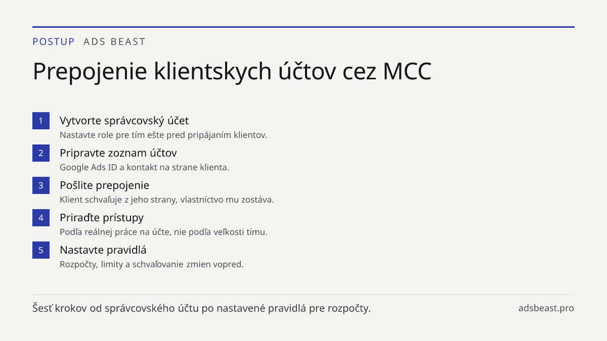 Prepojenie klientskych účtov cez MCC. Vytvorte správcovský účet: Nastavte role pre tím ešte pred pripájaním klientov.; Pripravte zoznam účtov: Google Ads ID a kontakt na strane klienta.; Pošlite prepojenie: Klient schvaľuje z jeho strany, vlastníctvo mu zostáva.; Priraďte prístupy: Podľa reálnej prá