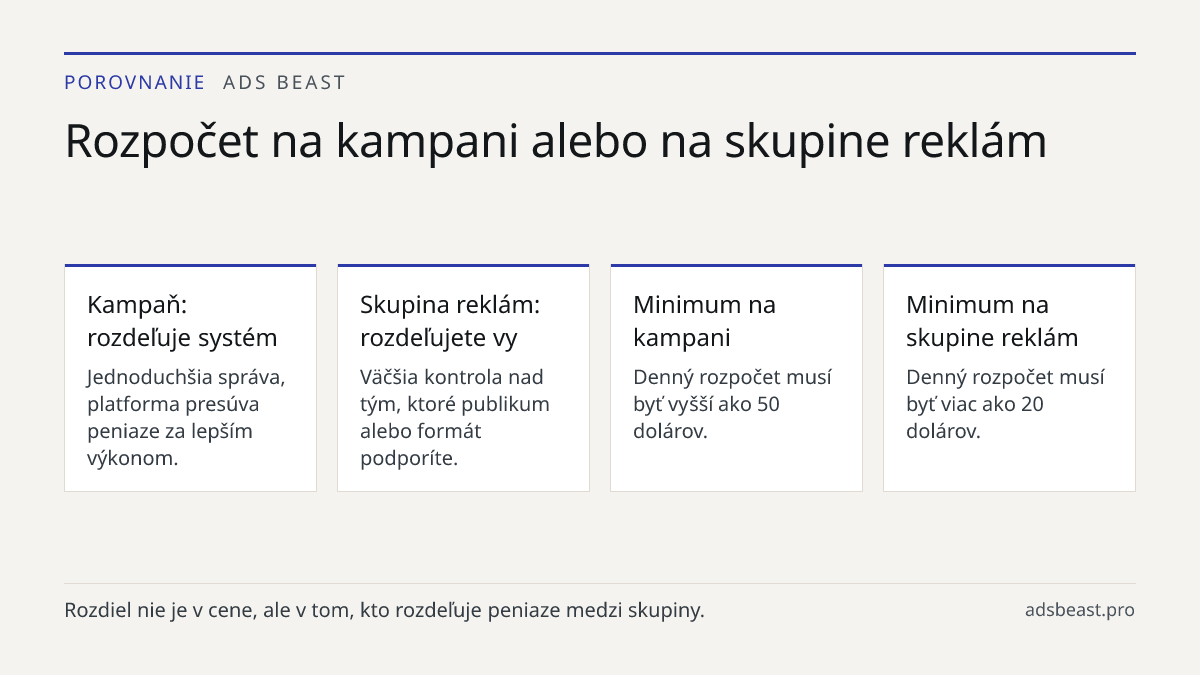 Rozpočet na kampani alebo na skupine reklám. Kampaň: rozdeľuje systém: Jednoduchšia správa, platforma presúva peniaze za lepším výkonom.; Skupina reklám: rozdeľujete vy: Väčšia kontrola nad tým, ktoré publikum alebo formát podporíte.; Minimum na kampani: Denný rozpočet musí byť vyšší ako 50 dolárov.
