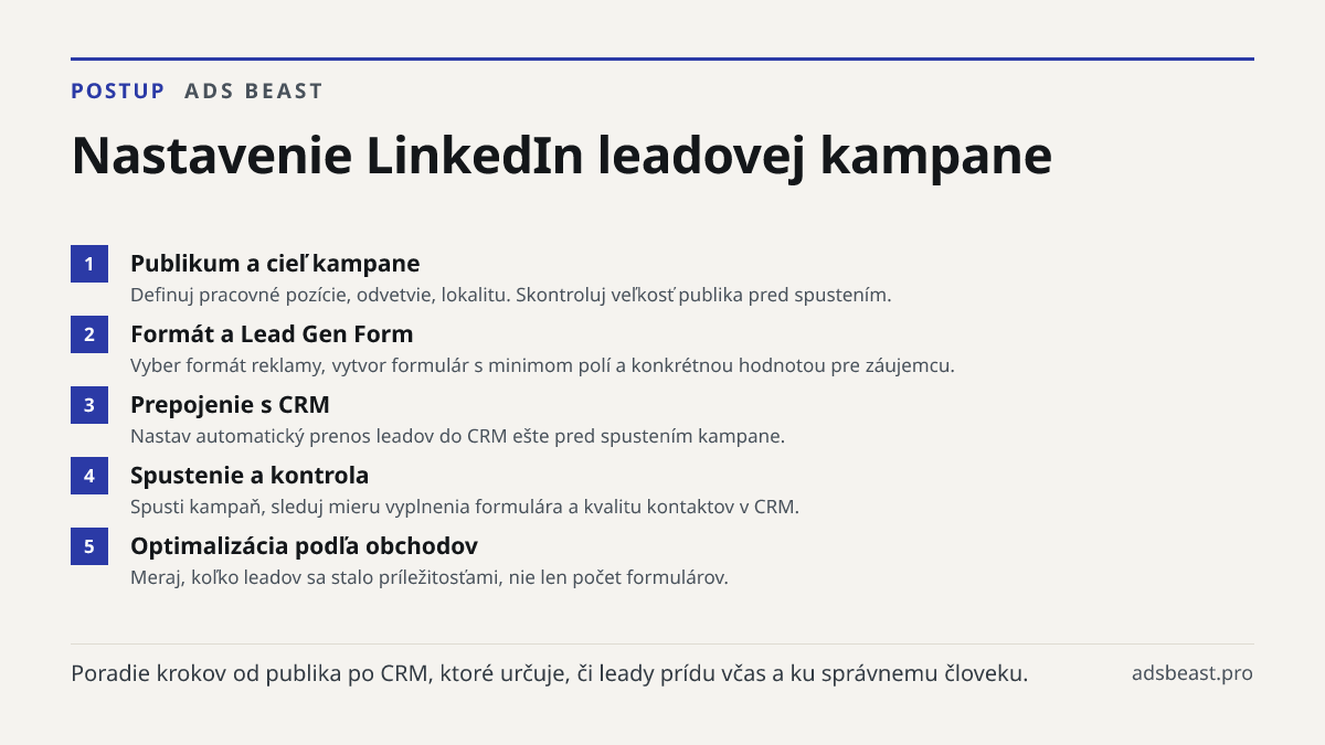 Nastavenie LinkedIn leadovej kampane. Publikum a cieľ kampane: Definuj pracovné pozície, odvetvie, lokalitu. Skontroluj veľkosť publika pred spustením.; Formát a Lead Gen Form: Vyber formát reklamy, vytvor formulár s minimom polí a konkrétnou hodnotou pre záujemcu.; Prepojenie s CRM: Nastav automati