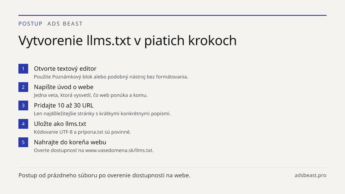 Vytvorenie llms.txt v piatich krokoch. Otvorte textový editor: Použite Poznámkový blok alebo podobný nástroj bez formátovania.; Napíšte úvod o webe: Jedna veta, ktorá vysvetlí, čo web ponúka a komu.; Pridajte 10 až 30 URL: Len najdôležitejšie stránky s krátkymi konkrétnymi popismi.; Uložte ako llms.