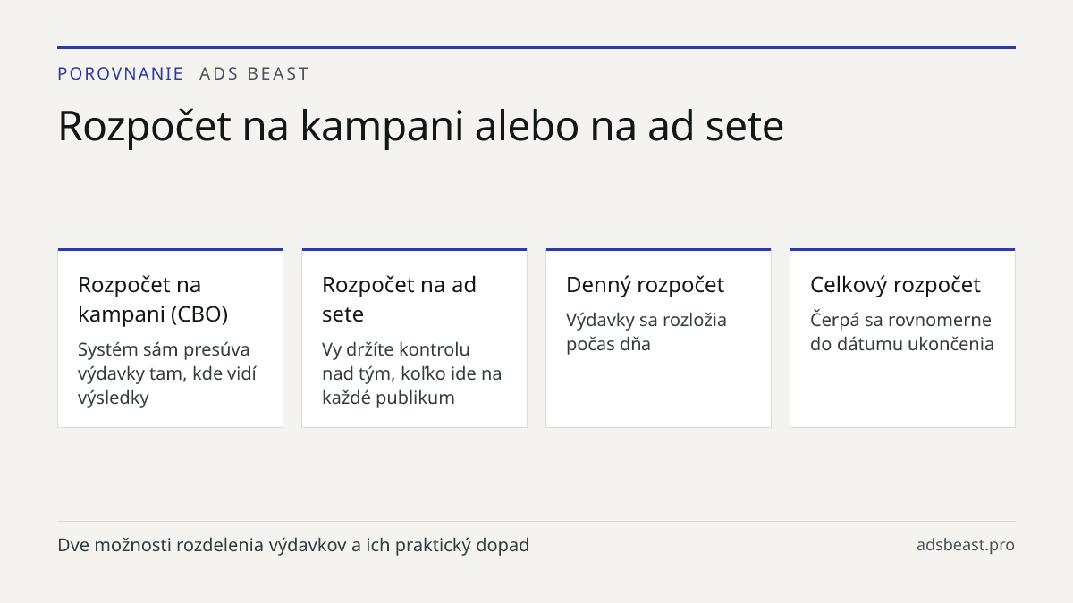 Rozpočet na kampani alebo na ad sete. Rozpočet na kampani (CBO): Systém sám presúva výdavky tam, kde vidí výsledky; Rozpočet na ad sete: Vy držíte kontrolu nad tým, koľko ide na každé publikum; Denný rozpočet: Výdavky sa rozložia počas dňa; Celkový rozpočet: Čerpá sa rovnomerne do dátumu ukončenia