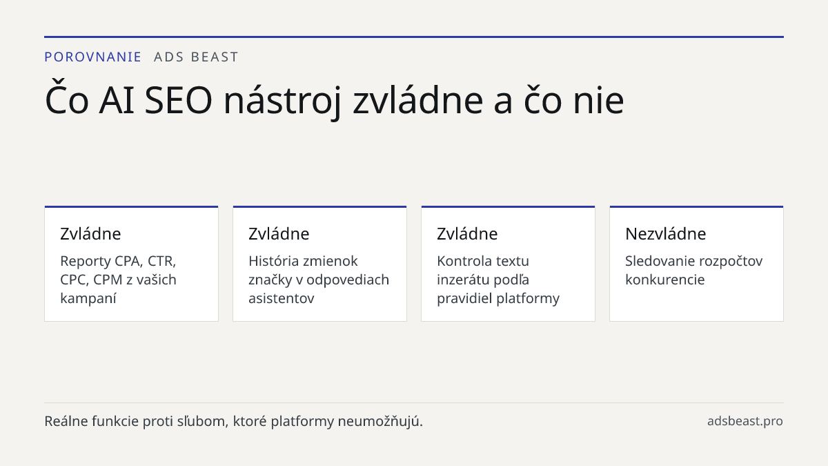 Čo AI SEO nástroj zvládne a čo nie. Zvládne: Reporty CPA, CTR, CPC, CPM z vašich kampaní; Zvládne: História zmienok značky v odpovediach asistentov; Zvládne: Kontrola textu inzerátu podľa pravidiel platformy; Nezvládne: Sledovanie rozpočtov konkurencie; Nezvládne: Skrátenie fázy učenia alebo okamžit