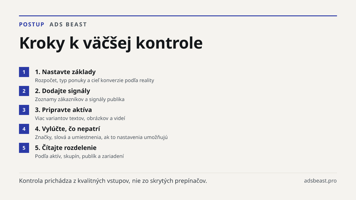 Kroky k väčšej kontrole. 1. Nastavte základy: Rozpočet, typ ponuky a cieľ konverzie podľa reality; 2. Dodajte signály: Zoznamy zákazníkov a signály publika; 3. Pripravte aktíva: Viac variantov textov, obrázkov a videí; 4. Vylúčte, čo nepatrí: Značky, slová a umiestnenia, ak to nastavenia umožňujú; 5