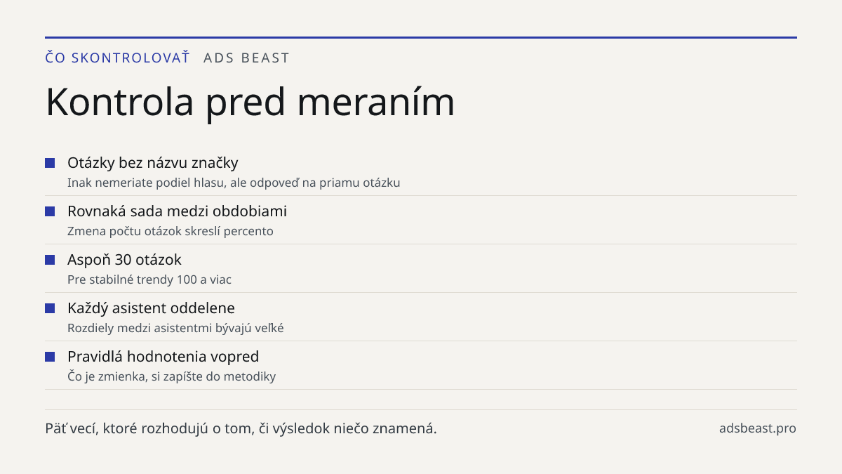 Kontrola pred meraním. Otázky bez názvu značky: Inak nemeriate podiel hlasu, ale odpoveď na priamu otázku; Rovnaká sada medzi obdobiami: Zmena počtu otázok skreslí percento; Aspoň 30 otázok: Pre stabilné trendy 100 a viac; Každý asistent oddelene: Rozdiely medzi asistentmi bývajú veľké; Pravidlá hod