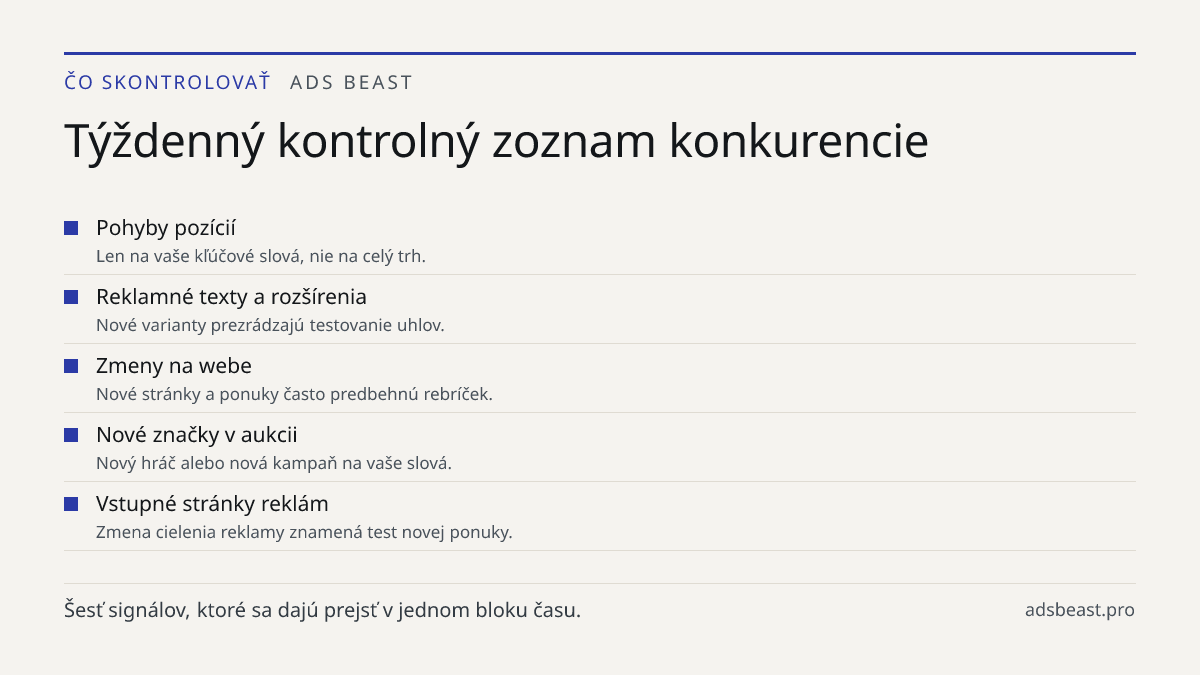 Týždenný kontrolný zoznam konkurencie. Pohyby pozícií: Len na vaše kľúčové slová, nie na celý trh.; Reklamné texty a rozšírenia: Nové varianty prezrádzajú testovanie uhlov.; Zmeny na webe: Nové stránky a ponuky často predbehnú rebríček.; Nové značky v aukcii: Nový hráč alebo nová kampaň na vaše slov