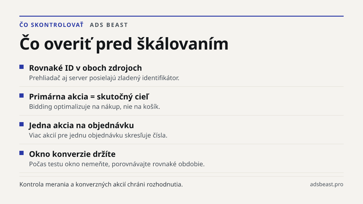Čo overiť pred škálovaním. Rovnaké ID v oboch zdrojoch: Prehliadač aj server posielajú zladený identifikátor.; Primárna akcia = skutočný cieľ: Bidding optimalizuje na nákup, nie na košík.; Jedna akcia na objednávku: Viac akcií pre jednu objednávku skresľuje čísla.; Okno konverzie držíte: Počas testu