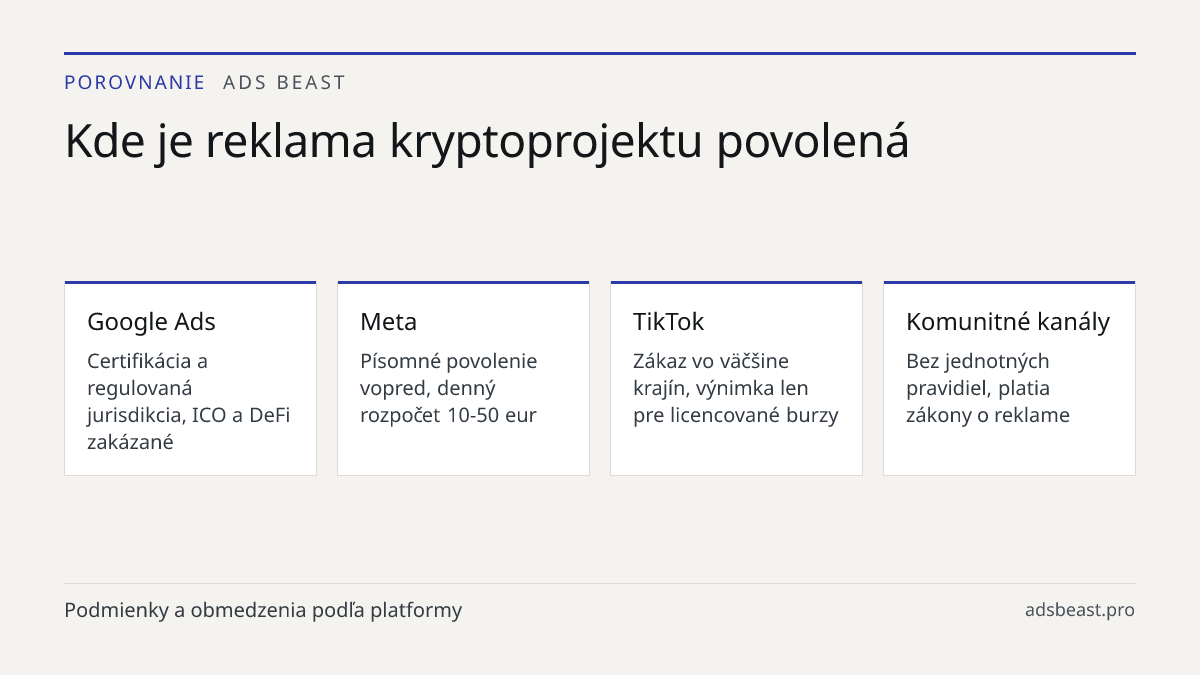Kde je reklama kryptoprojektu povolená. Google Ads: Certifikácia a regulovaná jurisdikcia, ICO a DeFi zakázané; Meta: Písomné povolenie vopred, denný rozpočet 10-50 eur; TikTok: Zákaz vo väčšine krajín, výnimka len pre licencované burzy; Komunitné kanály: Bez jednotných pravidiel, platia zákony o re