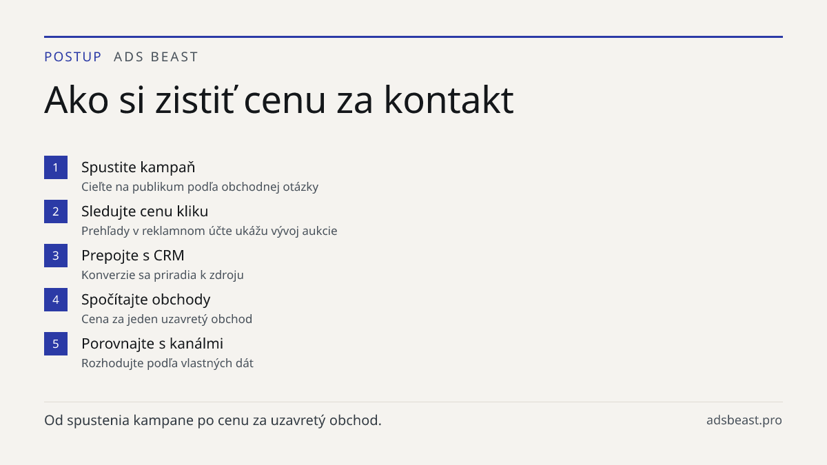 Ako si zistiť cenu za kontakt. Spustite kampaň: Cieľte na publikum podľa obchodnej otázky; Sledujte cenu kliku: Prehľady v reklamnom účte ukážu vývoj aukcie; Prepojte s CRM: Konverzie sa priradia k zdroju; Spočítajte obchody: Cena za jeden uzavretý obchod; Porovnajte s kanálmi: Rozhodujte podľa vlas