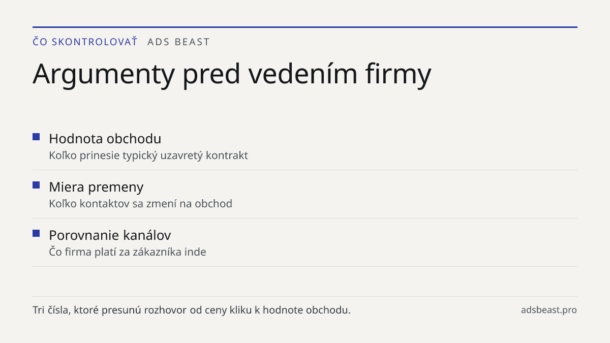 Argumenty pred vedením firmy. Hodnota obchodu: Koľko prinesie typický uzavretý kontrakt; Miera premeny: Koľko kontaktov sa zmení na obchod; Porovnanie kanálov: Čo firma platí za zákazníka inde