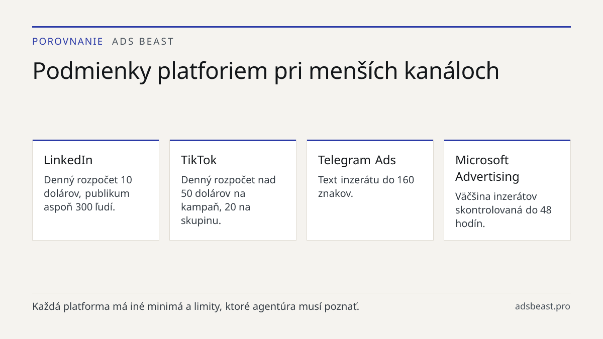 Podmienky platforiem pri menších kanáloch. LinkedIn: Denný rozpočet 10 dolárov, publikum aspoň 300 ľudí.; TikTok: Denný rozpočet nad 50 dolárov na kampaň, 20 na skupinu.; Telegram Ads: Text inzerátu do 160 znakov.; Microsoft Advertising: Väčšina inzerátov skontrolovaná do 48 hodín.; Meta: Minimum ni