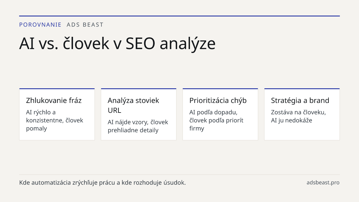 AI vs. človek v SEO analýze. Zhlukovanie fráz: AI rýchlo a konzistentne, človek pomaly; Analýza stoviek URL: AI nájde vzory, človek prehliadne detaily; Prioritizácia chýb: AI podľa dopadu, človek podľa priorít firmy; Stratégia a brand: Zostáva na človeku, AI ju nedokáže