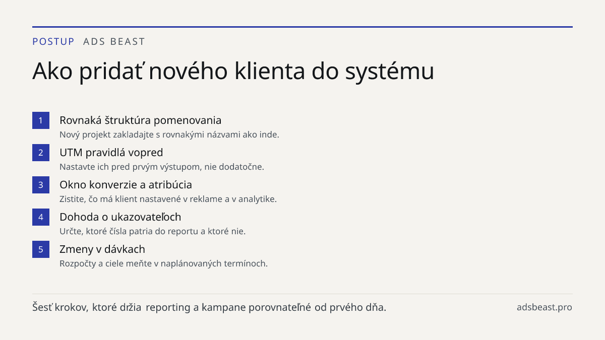 Ako pridať nového klienta do systému. Rovnaká štruktúra pomenovania: Nový projekt zakladajte s rovnakými názvami ako inde.; UTM pravidlá vopred: Nastavte ich pred prvým výstupom, nie dodatočne.; Okno konverzie a atribúcia: Zistite, čo má klient nastavené v reklame a v analytike.; Dohoda o ukazovateľ