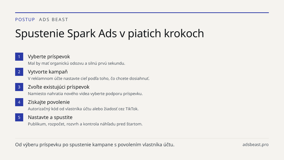 Spustenie Spark Ads v piatich krokoch. Vyberte príspevok: Mal by mať organickú odozvu a silnú prvú sekundu.; Vytvorte kampaň: V reklamnom účte nastavte cieľ podľa toho, čo chcete dosiahnuť.; Zvoľte existujúci príspevok: Namiesto nahratia nového videa vyberte podporu príspevku.; Získajte povolenie: A