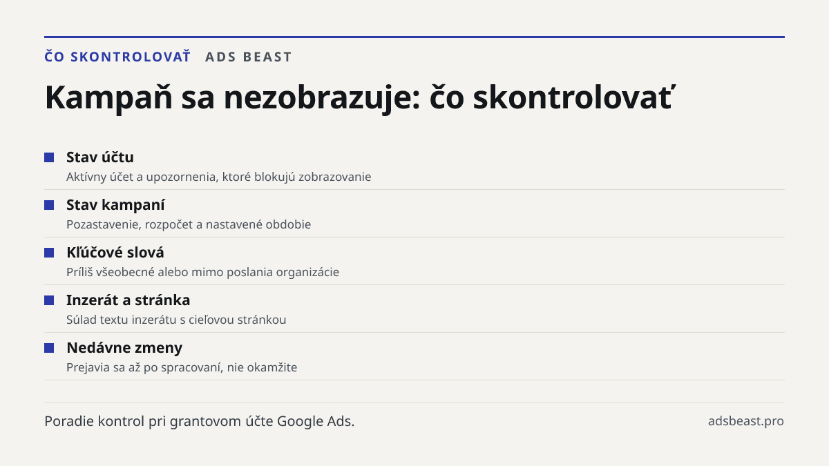 Kampaň sa nezobrazuje: čo skontrolovať. Stav účtu: Aktívny účet a upozornenia, ktoré blokujú zobrazovanie; Stav kampaní: Pozastavenie, rozpočet a nastavené obdobie; Kľúčové slová: Príliš všeobecné alebo mimo poslania organizácie; Inzerát a stránka: Súlad textu inzerátu s cieľovou stránkou; Nedávne z