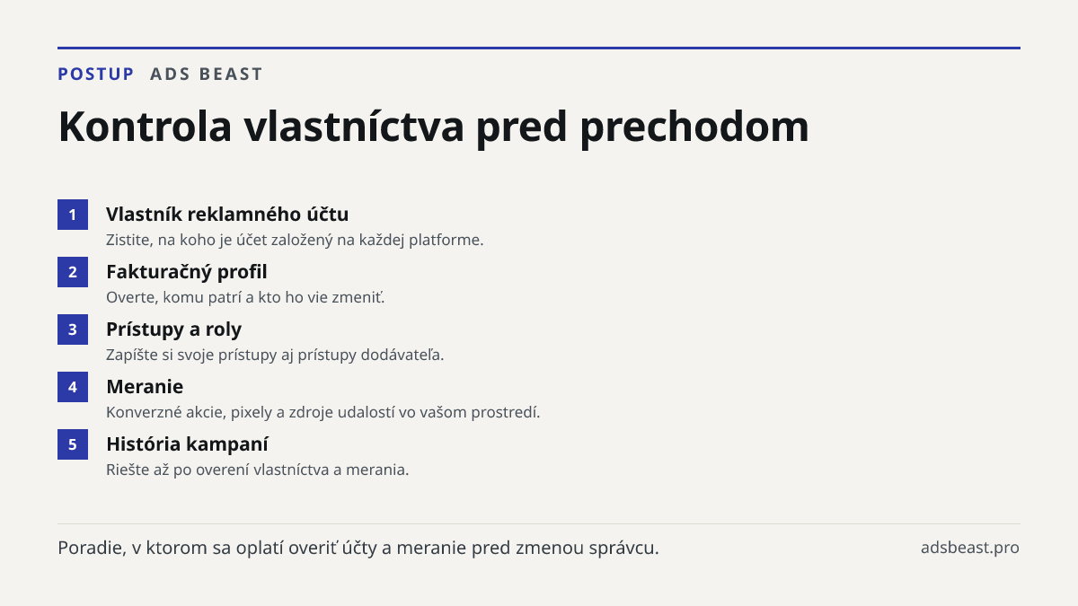 Kontrola vlastníctva pred prechodom. Vlastník reklamného účtu: Zistite, na koho je účet založený na každej platforme.; Fakturačný profil: Overte, komu patrí a kto ho vie zmeniť.; Prístupy a roly: Zapíšte si svoje prístupy aj prístupy dodávateľa.; Meranie: Konverzné akcie, pixely a zdroje udalostí vo