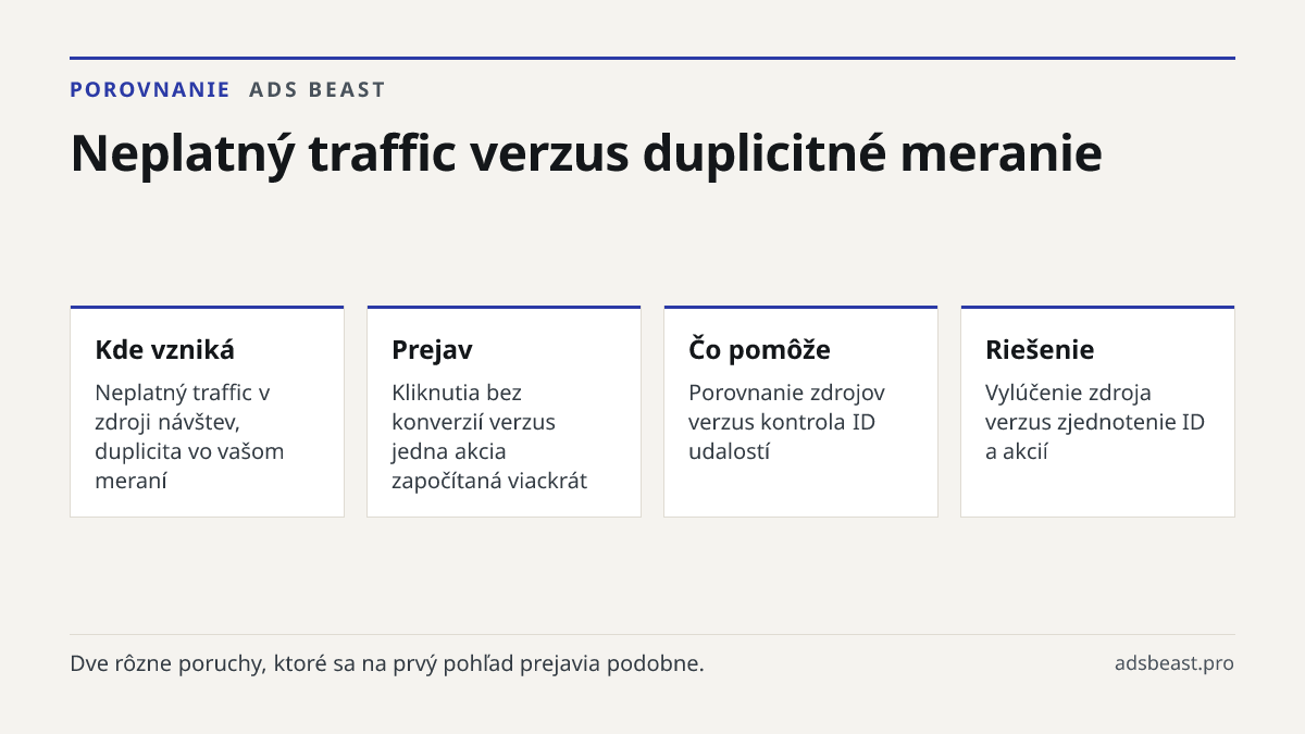 Neplatný traffic verzus duplicitné meranie. Kde vzniká: Neplatný traffic v zdroji návštev, duplicita vo vašom meraní; Prejav: Kliknutia bez konverzií verzus jedna akcia započítaná viackrát; Čo pomôže: Porovnanie zdrojov verzus kontrola ID udalostí; Riešenie: Vylúčenie zdroja verzus zjednotenie ID a 