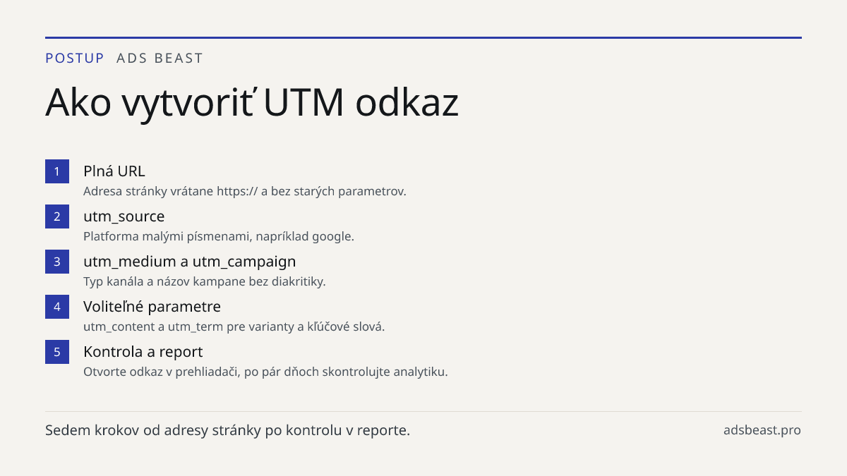 Ako vytvoriť UTM odkaz. Plná URL: Adresa stránky vrátane https:// a bez starých parametrov.; utm_source: Platforma malými písmenami, napríklad google.; utm_medium a utm_campaign: Typ kanála a názov kampane bez diakritiky.; Voliteľné parametre: utm_content a utm_term pre varianty a kľúčové slová.; Ko