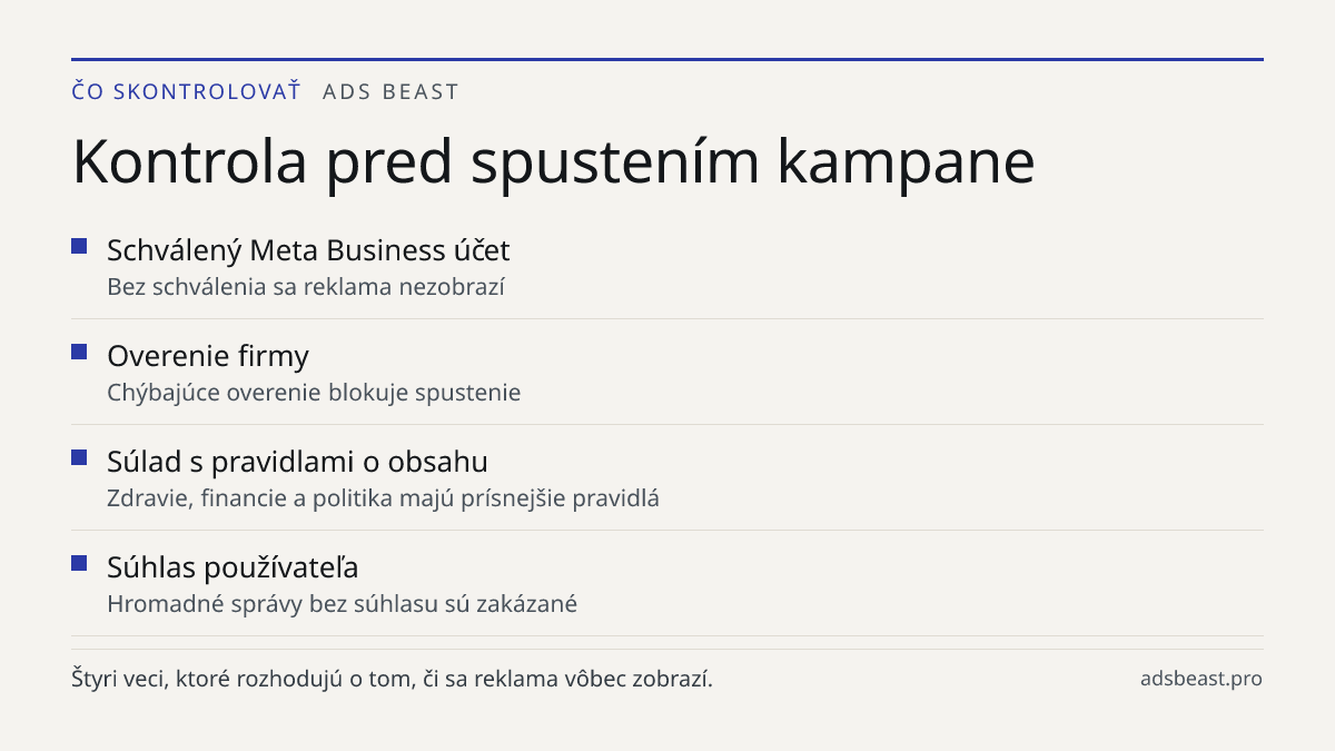 Kontrola pred spustením kampane. Schválený Meta Business účet: Bez schválenia sa reklama nezobrazí; Overenie firmy: Chýbajúce overenie blokuje spustenie; Súlad s pravidlami o obsahu: Zdravie, financie a politika majú prísnejšie pravidlá; Súhlas používateľa: Hromadné správy bez súhlasu sú zakázané