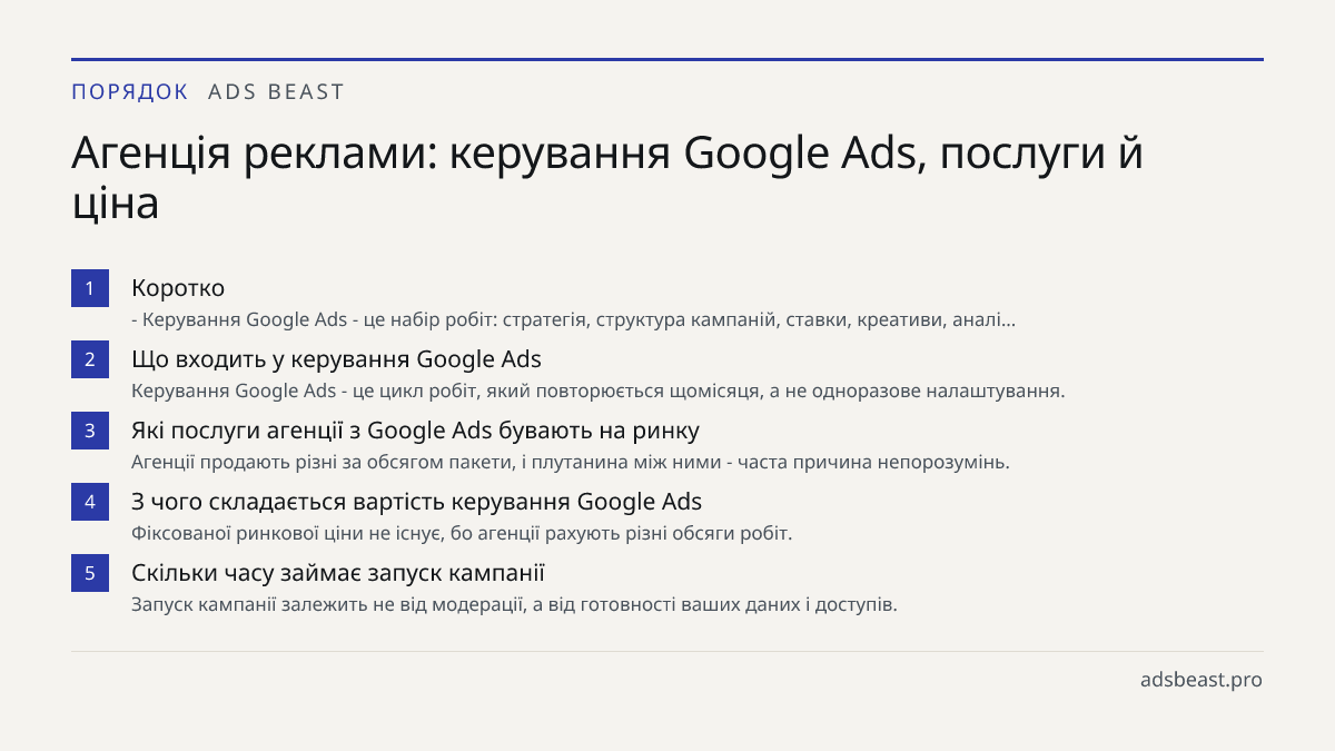 Агенція реклами: керування Google Ads, послуги й ціна. Коротко: - Керування Google Ads - це набір робіт: стратегія, структура кампаній, ставки, креативи, аналі…; Що входить у керування Google Ads: Керування Google Ads - це цикл робіт, який повторюється щомісяця, а не одноразове налаштування.; Які по