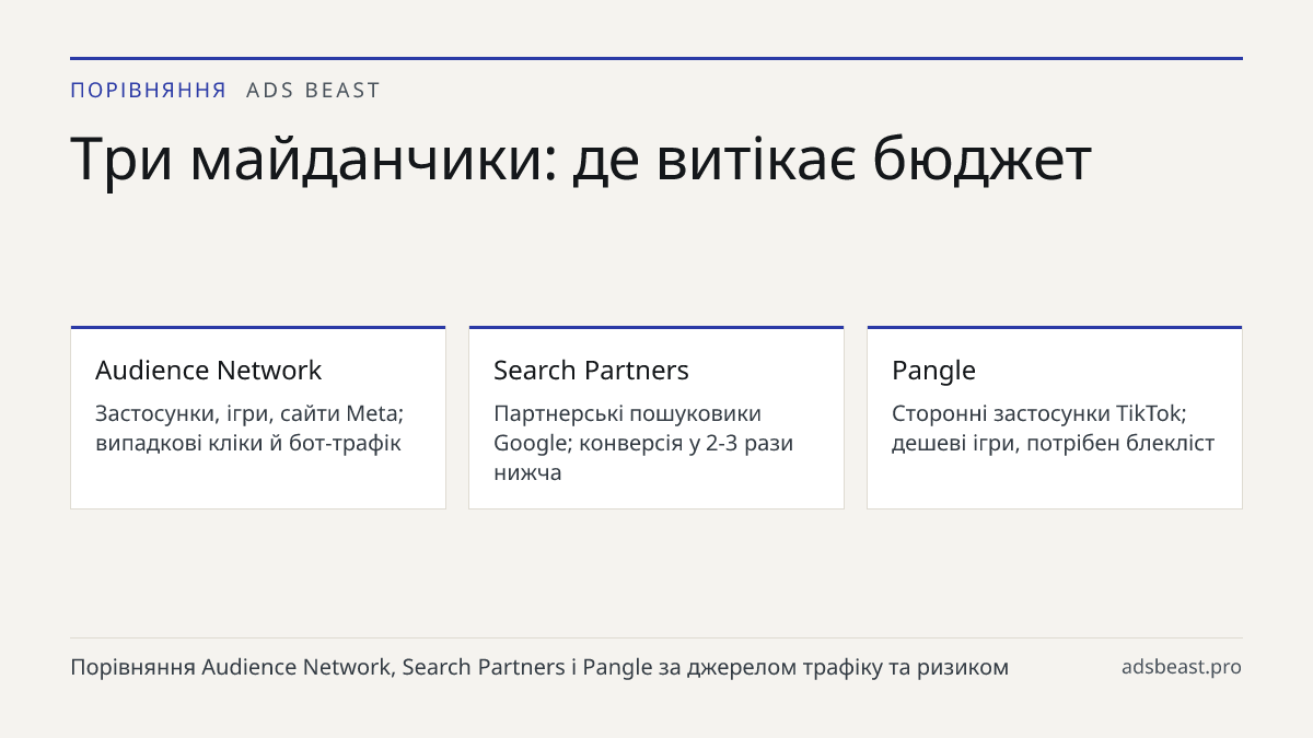 Три майданчики: де витікає бюджет. Audience Network: Застосунки, ігри, сайти Meta; випадкові кліки й бот-трафік; Search Partners: Партнерські пошуковики Google; конверсія у 2-3 рази нижча; Pangle: Сторонні застосунки TikTok; дешеві ігри, потрібен блекліст