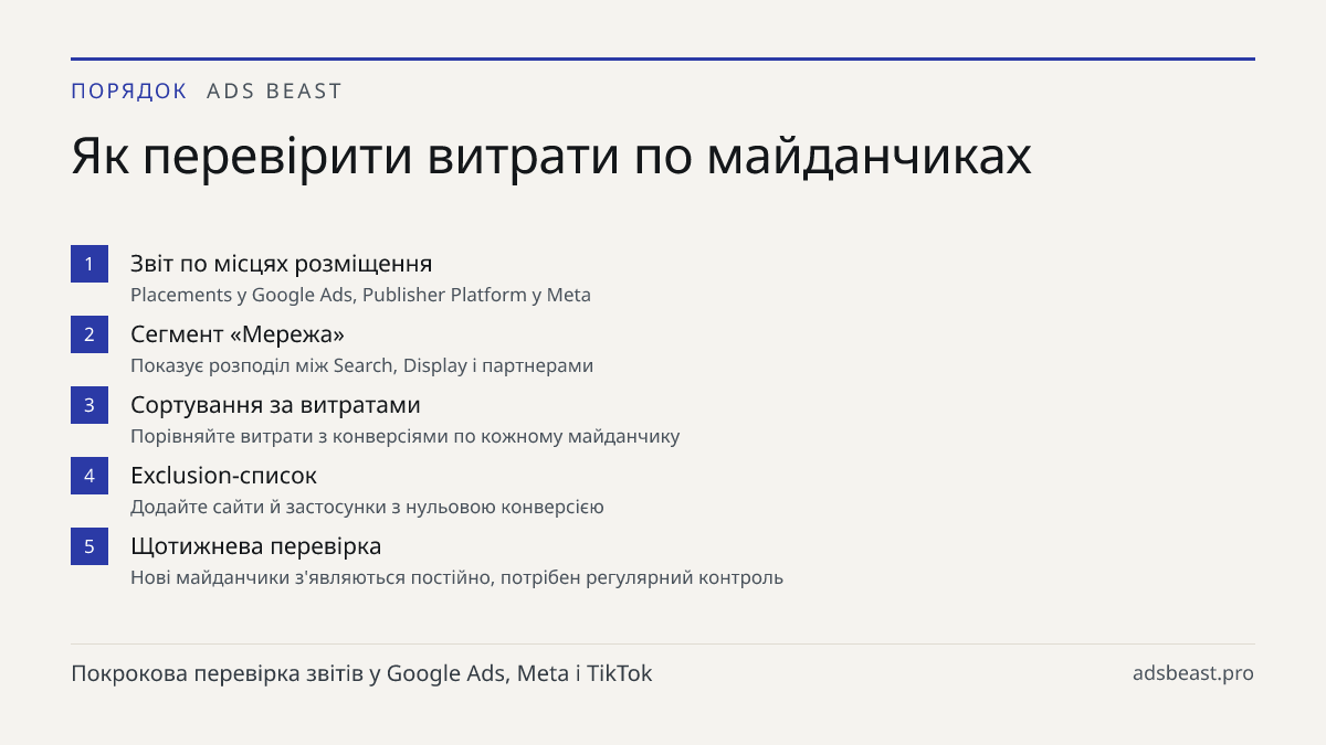 Як перевірити витрати по майданчиках. Звіт по місцях розміщення: Placements у Google Ads, Publisher Platform у Meta; Сегмент «Мережа»: Показує розподіл між Search, Display і партнерами; Сортування за витратами: Порівняйте витрати з конверсіями по кожному майданчику; Exclusion-список: Додайте сайти й