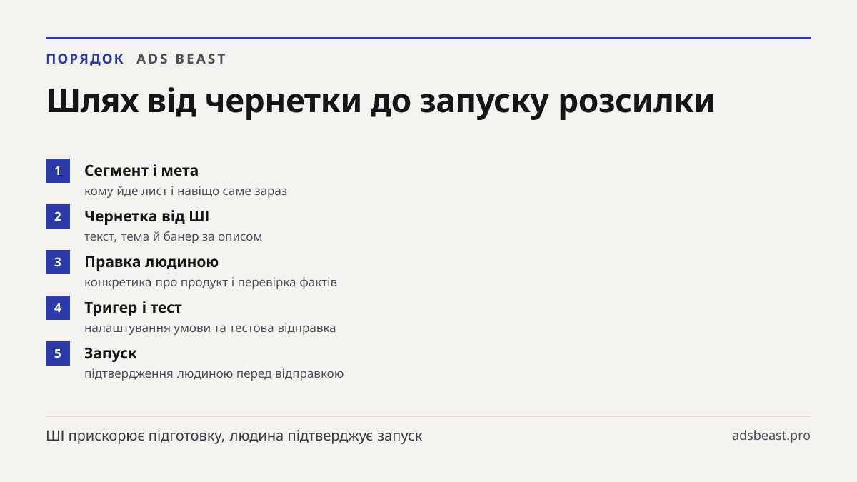 Шлях від чернетки до запуску розсилки. Сегмент і мета: кому йде лист і навіщо саме зараз; Чернетка від ШІ: текст, тема й банер за описом; Правка людиною: конкретика про продукт і перевірка фактів; Тригер і тест: налаштування умови та тестова відправка; Запуск: підтвердження людиною перед відправкою