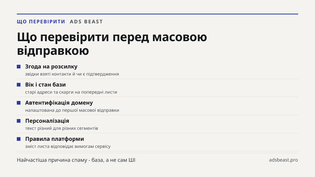 Що перевірити перед масовою відправкою. Згода на розсилку: звідки взяті контакти й чи є підтвердження; Вік і стан бази: старі адреси та скарги на попередні листи; Автентифікація домену: налаштована до першої масової відправки; Персоналізація: текст різний для різних сегментів; Правила платформи: змі