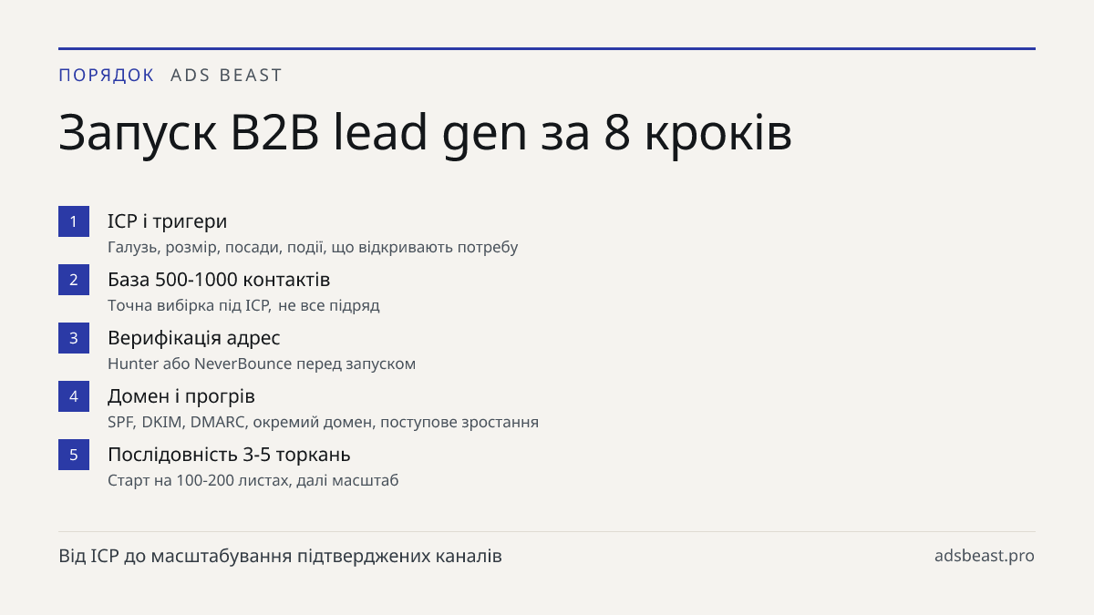 Запуск B2B lead gen за 8 кроків. ICP і тригери: Галузь, розмір, посади, події, що відкривають потребу; База 500-1000 контактів: Точна вибірка під ICP, не все підряд; Верифікація адрес: Hunter або NeverBounce перед запуском; Домен і прогрів: SPF, DKIM, DMARC, окремий домен, поступове зростання; Послі