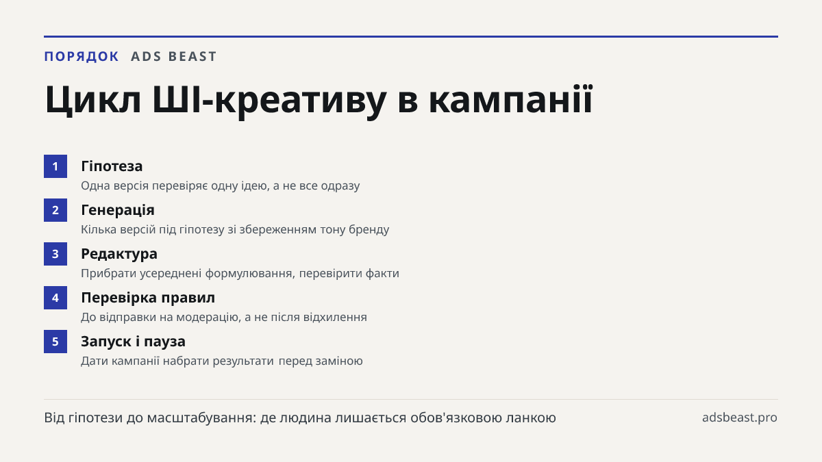 Цикл ШІ-креативу в кампанії. Гіпотеза: Одна версія перевіряє одну ідею, а не все одразу; Генерація: Кілька версій під гіпотезу зі збереженням тону бренду; Редактура: Прибрати усереднені формулювання, перевірити факти; Перевірка правил: До відправки на модерацію, а не після відхилення; Запуск і пауза