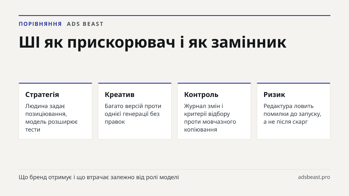 ШІ як прискорювач і як замінник. Стратегія: Людина задає позиціювання, модель розширює тести; Креатив: Багато версій проти однієї генерації без правок; Контроль: Журнал змін і критерії відбору проти мовчазного копіювання; Ризик: Редактура ловить помилки до запуску, а не після скарг