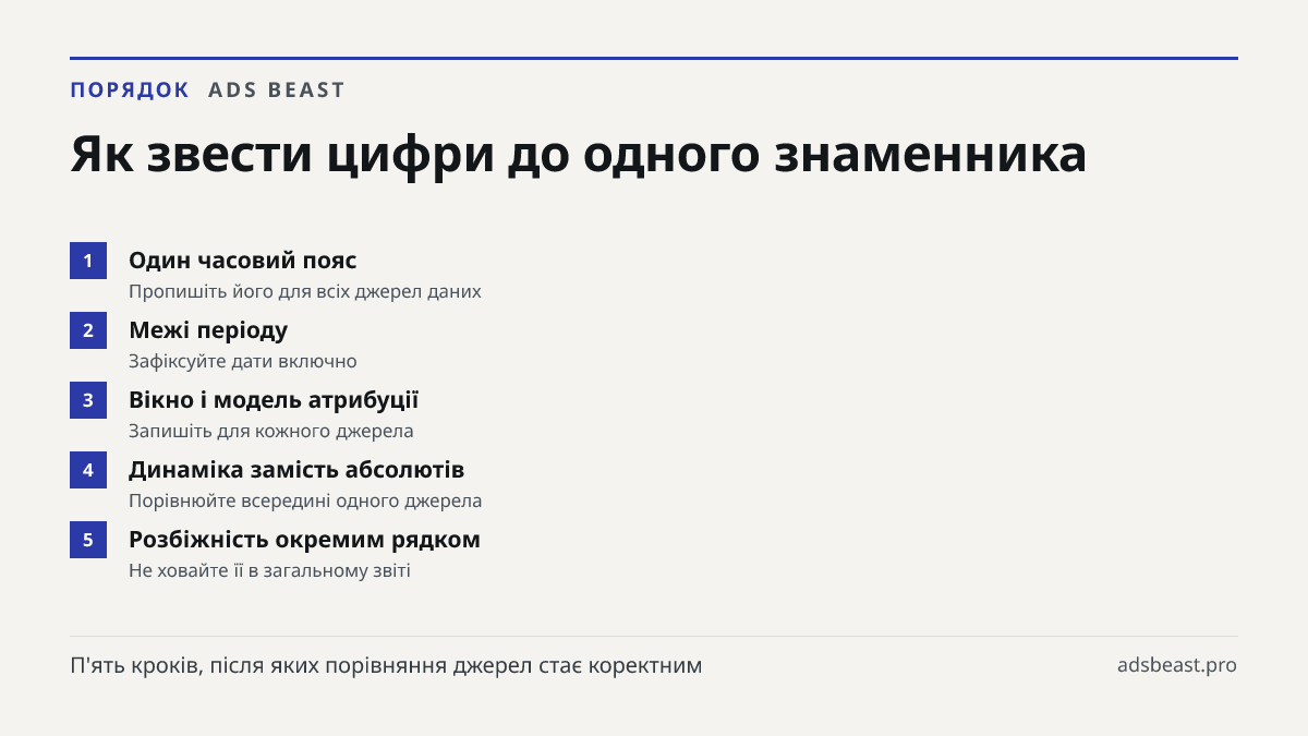 Як звести цифри до одного знаменника. Один часовий пояс: Пропишіть його для всіх джерел даних; Межі періоду: Зафіксуйте дати включно; Вікно і модель атрибуції: Запишіть для кожного джерела; Динаміка замість абсолютів: Порівнюйте всередині одного джерела; Розбіжність окремим рядком: Не ховайте її в з