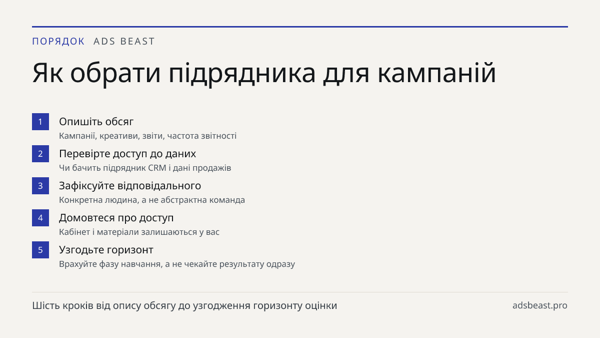 Як обрати підрядника для кампаній. Опишіть обсяг: Кампанії, креативи, звіти, частота звітності; Перевірте доступ до даних: Чи бачить підрядник CRM і дані продажів; Зафіксуйте відповідального: Конкретна людина, а не абстрактна команда; Домовтеся про доступ: Кабінет і матеріали залишаються у вас; Узго