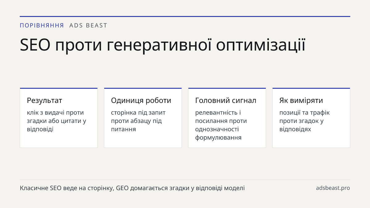 SEO проти генеративної оптимізації. Результат: клік з видачі проти згадки або цитати у відповіді; Одиниця роботи: сторінка під запит проти абзацу під питання; Головний сигнал: релевантність і посилання проти однозначності формулювання; Як виміряти: позиції та трафік проти згадок у відповідях; Стабіл