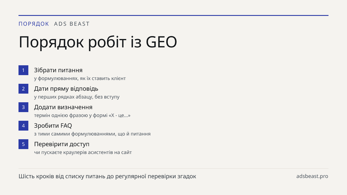 Порядок робіт із GEO. Зібрати питання: у формулюваннях, як їх ставить клієнт; Дати пряму відповідь: у перших рядках абзацу, без вступу; Додати визначення: термін однією фразою у формі «X - це...»; Зробити FAQ: з тими самими формулюваннями, що й питання; Перевірити доступ: чи пускаєте краулерів асист