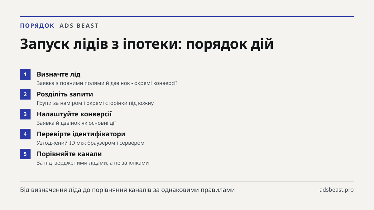 Запуск лідів з іпотеки: порядок дій. Визначте лід: Заявка з повними полями й дзвінок - окремі конверсії; Розділіть запити: Групи за наміром і окремі сторінки під кожну; Налаштуйте конверсії: Заявка й дзвінок як основні дії; Перевірте ідентифікатори: Узгоджений ID між браузером і сервером; Порівняйте
