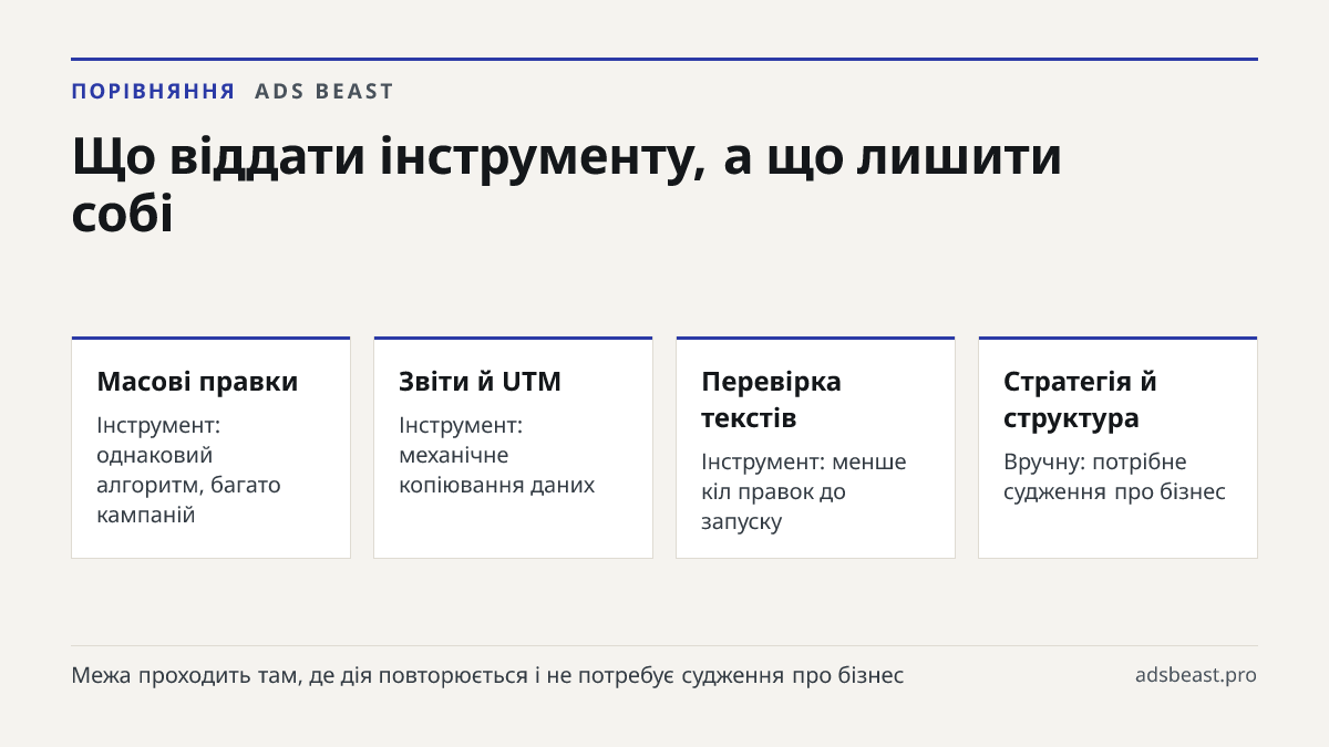 Що віддати інструменту, а що лишити собі. Масові правки: Інструмент: однаковий алгоритм, багато кампаній; Звіти й UTM: Інструмент: механічне копіювання даних; Перевірка текстів: Інструмент: менше кіл правок до запуску; Стратегія й структура: Вручну: потрібне судження про бізнес; Основні конверсії: В