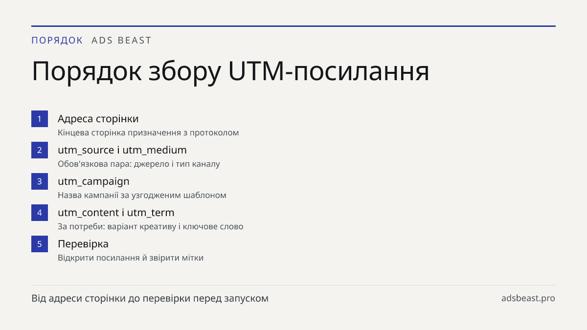 Порядок збору UTM-посилання. Адреса сторінки: Кінцева сторінка призначення з протоколом; utm_source і utm_medium: Обов'язкова пара: джерело і тип каналу; utm_campaign: Назва кампанії за узгодженим шаблоном; utm_content і utm_term: За потреби: варіант креативу і ключове слово; Перевірка: Відкрити пос
