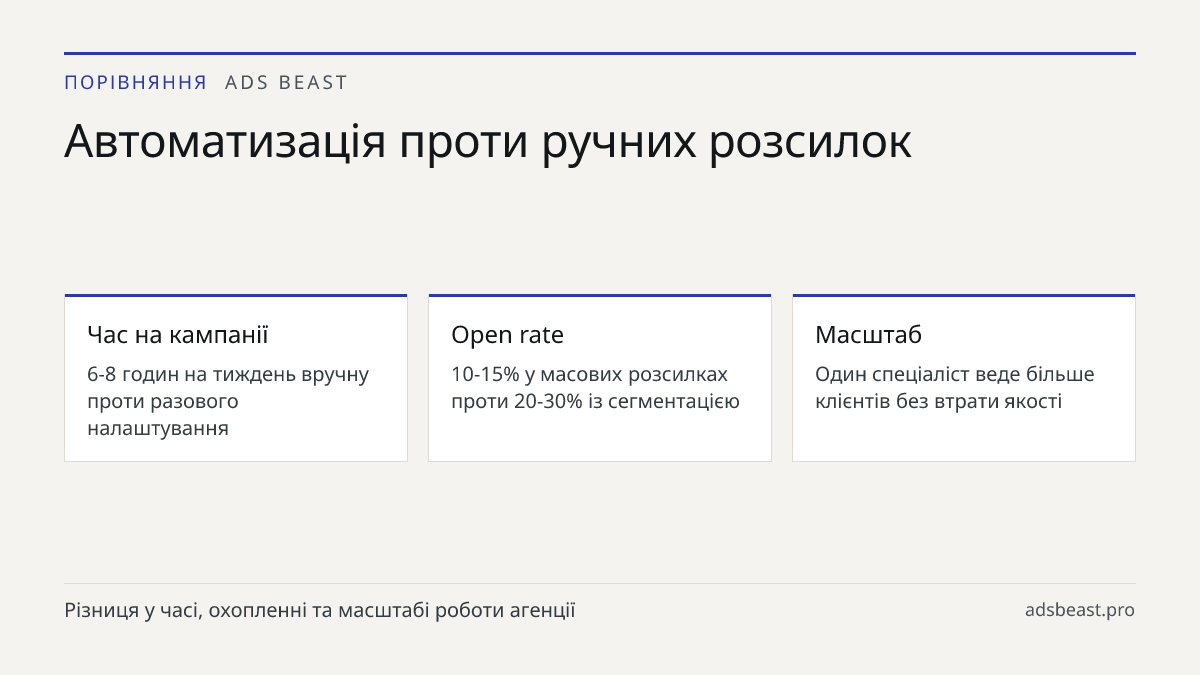 Автоматизація проти ручних розсилок. Час на кампанії: 6-8 годин на тиждень вручну проти разового налаштування; Open rate: 10-15% у масових розсилках проти 20-30% із сегментацією; Масштаб: Один спеціаліст веде більше клієнтів без втрати якості